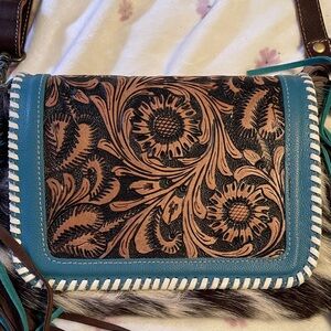 Myra Bag Teal and Brown Floral Tooled Leather Crossbody Purse